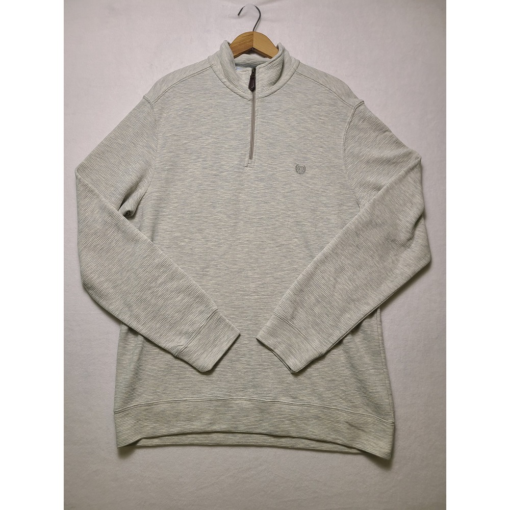 Chaps L Pullover Preppy Gray White Micro Stripe Quarter Zip Cotton Blend Sweater